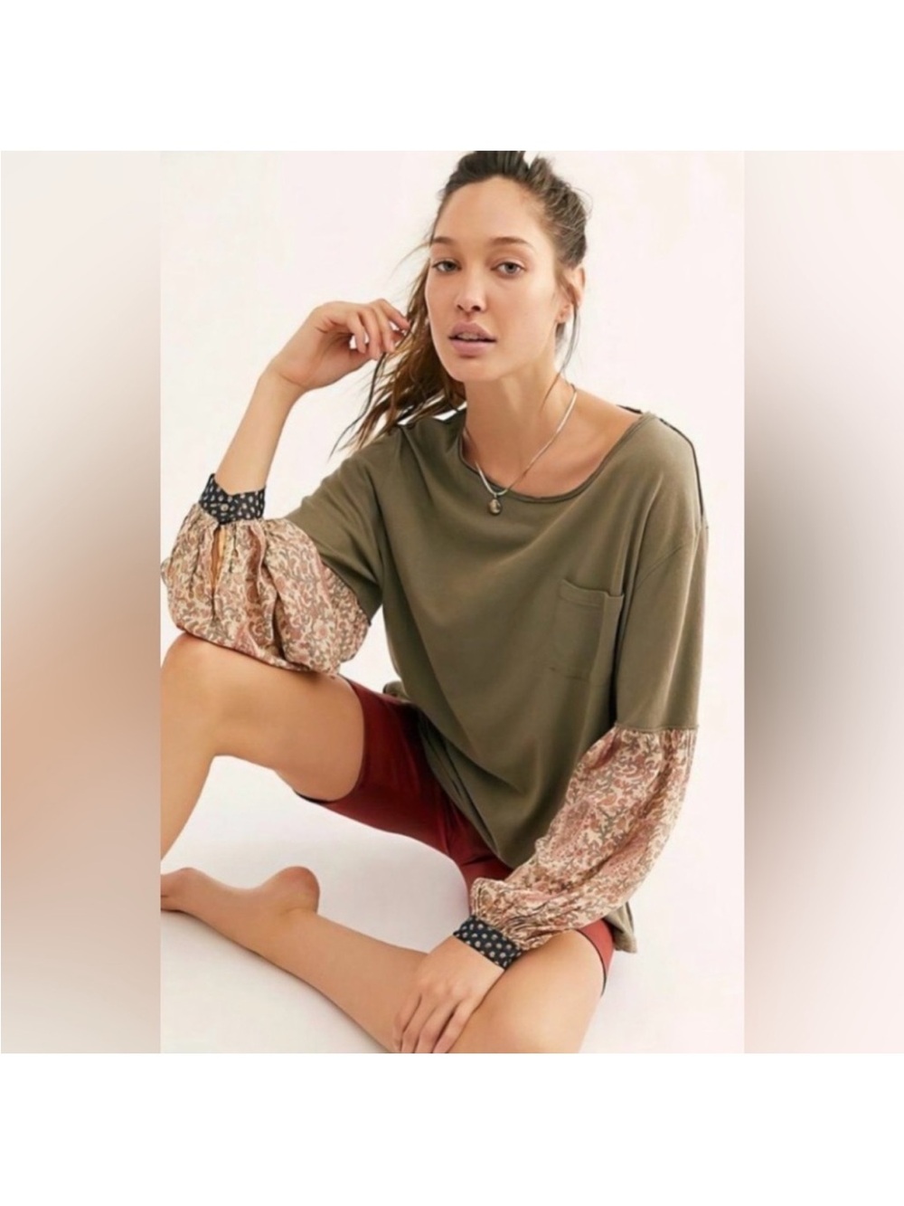 Free People Olive Green Mixed Sleeve Blouse